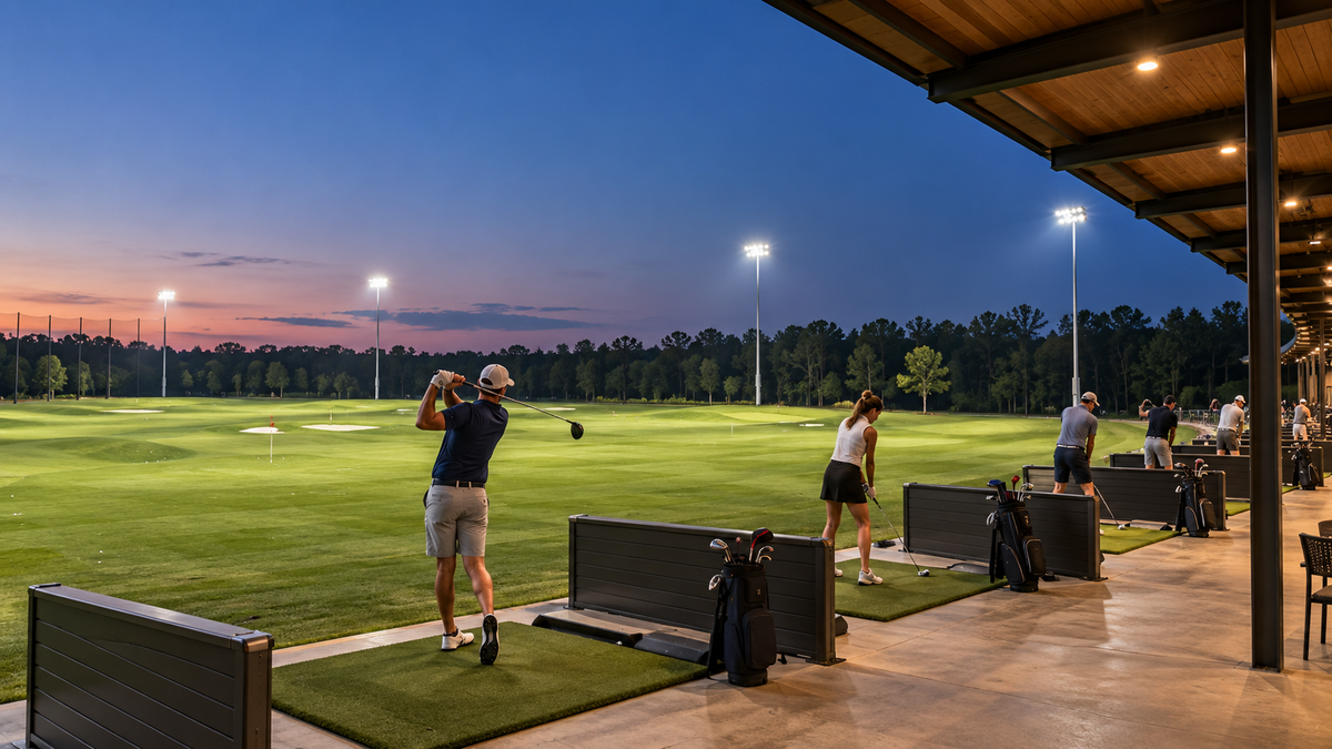 Commercial driving range illuminated by LED sports lighting at blue hour