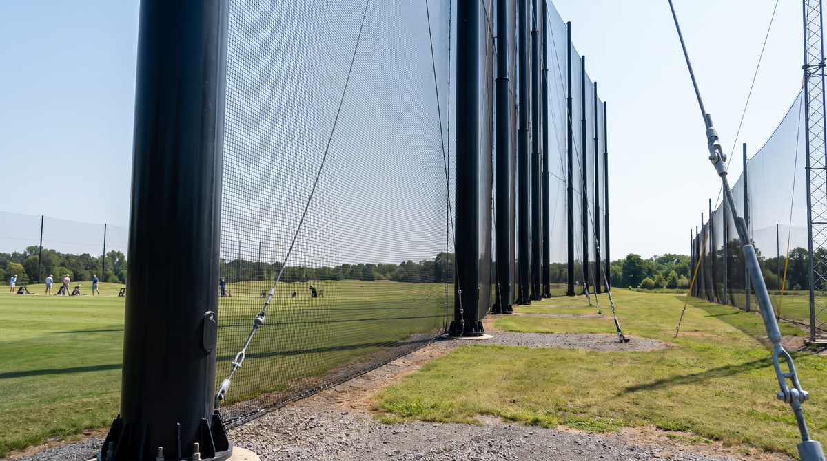 Tall engineered safety netting and steel poles around a commercial driving range