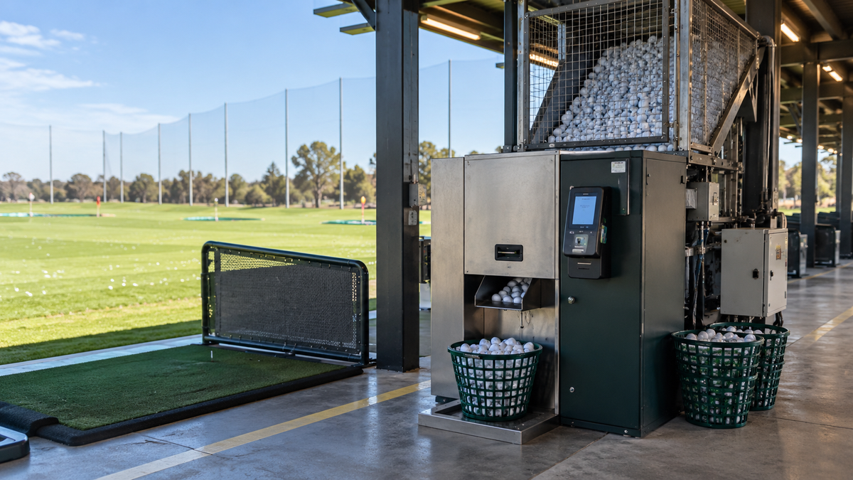 Commercial golf ball dispenser and ball storage system beside a driving range bay