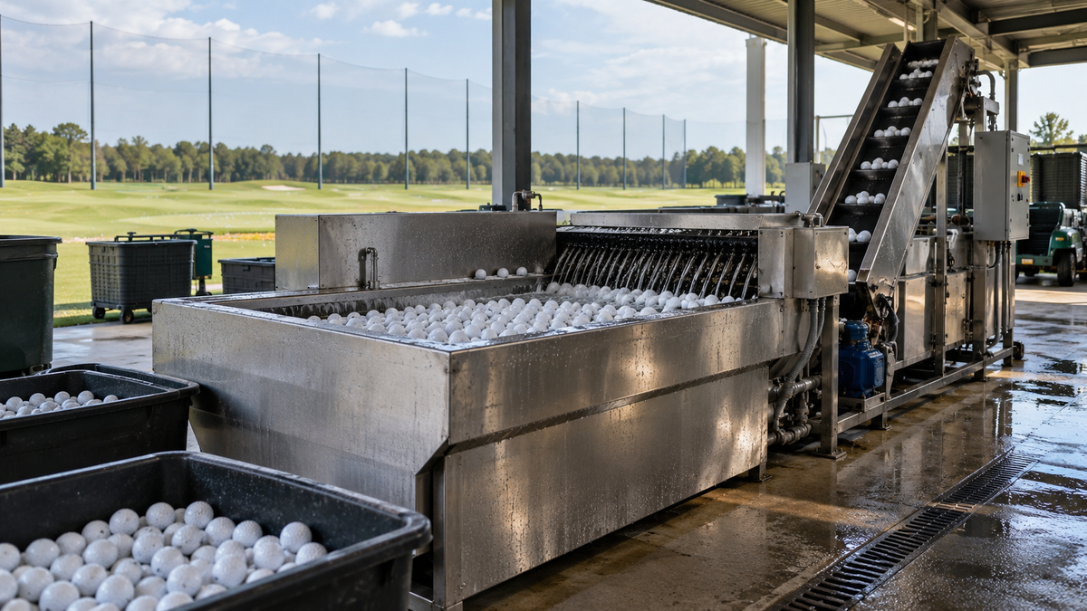 Commercial golf ball washing and conveyor system at a driving range