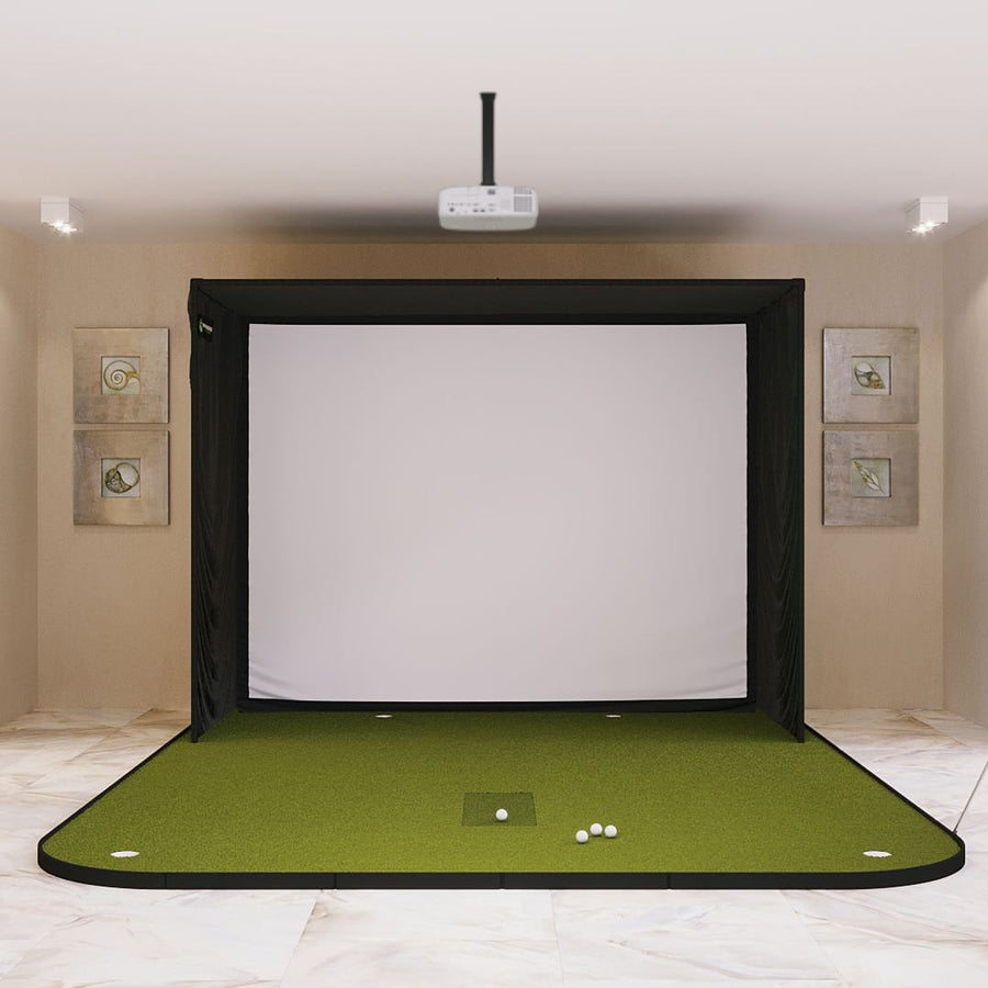 SIG10 golf simulator room with green landing-pad flooring and hitting position