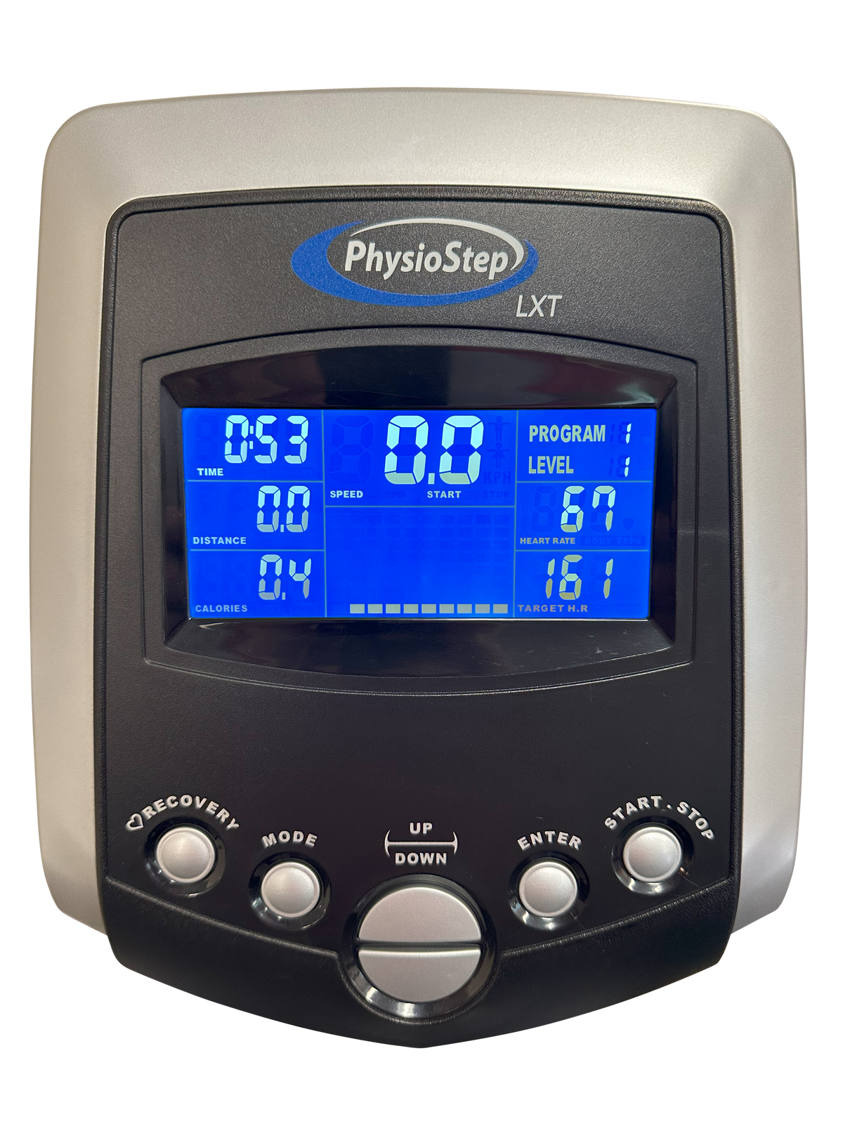 LXT-500 blue-backlit console with program and resistance readouts.