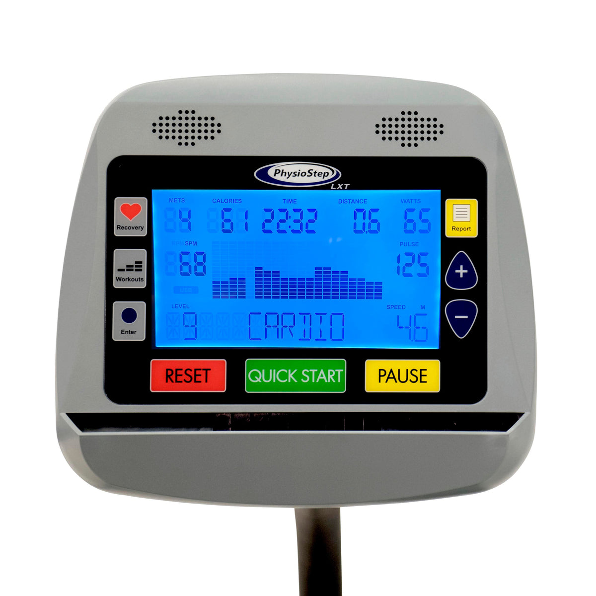 LXT-700 LCD console with Quick Start, Pause and resistance controls.