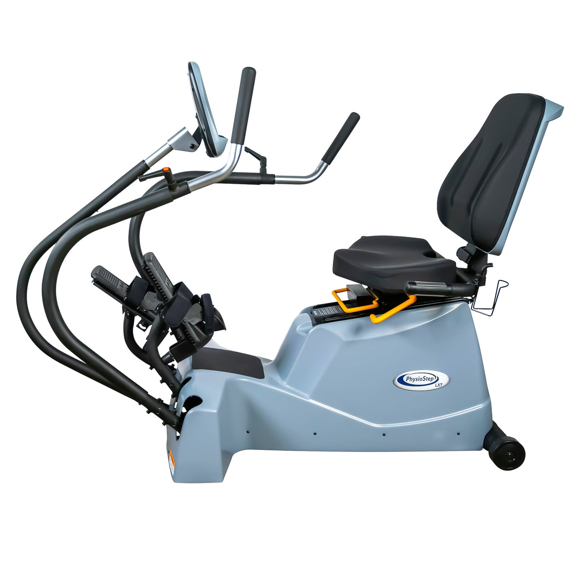 Side view of the PhysioStep LXT-700 with seat, moving handles and foot pedals.