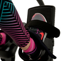 Shoe held in a PhysioStep pedal by instep and ankle straps.