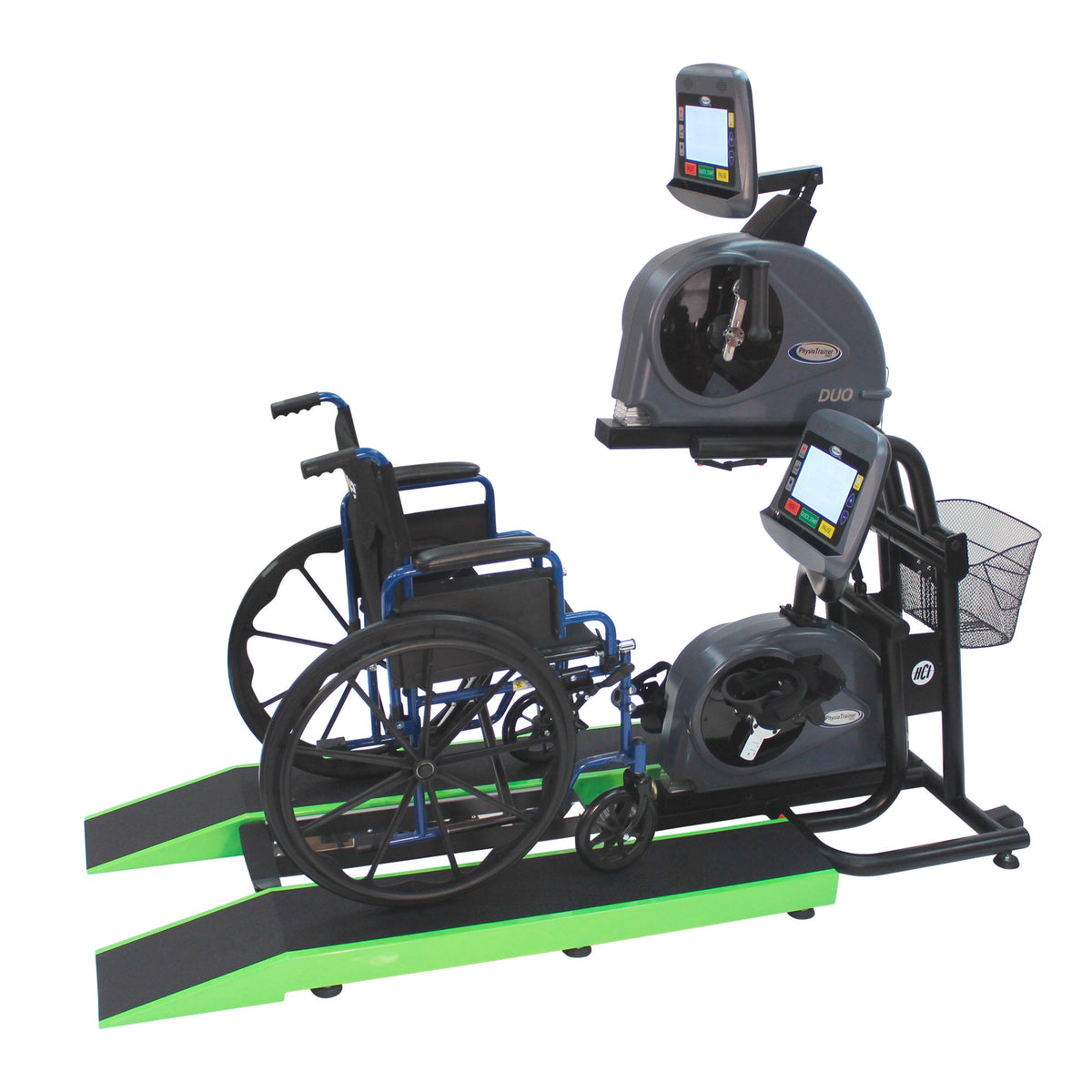 HCI wheelchair ramp arrangement shown with PhysioTrainer PRO DUO and wheelchair for context