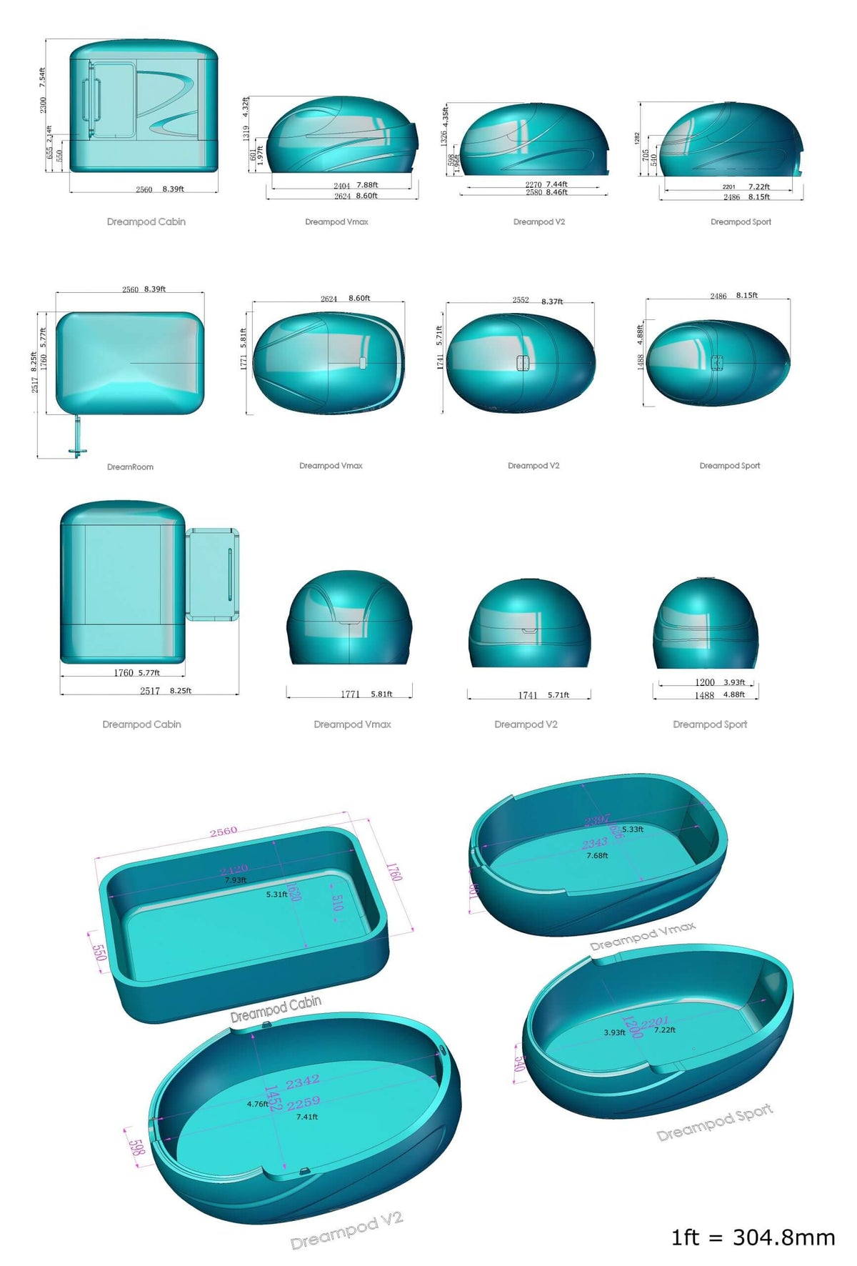 Dreampod float pod size comparison