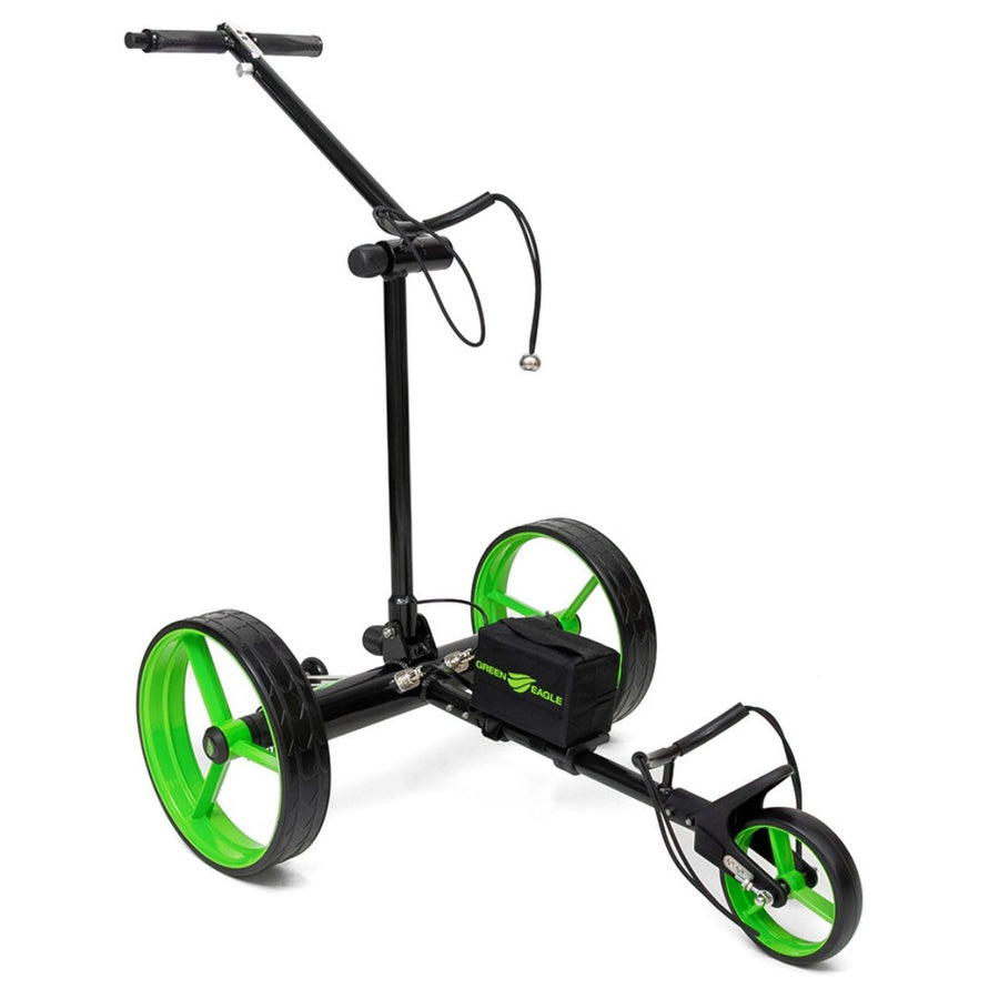 Green Eagle NEOS electric golf push cart in black with green wheels, folded-out and viewed from the front