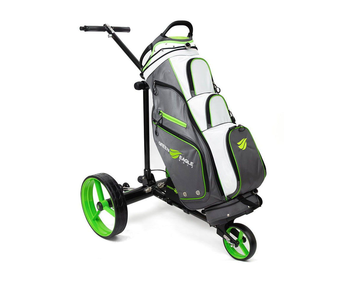 Green Eagle NEOS electric caddy side profile showing the foldable frame