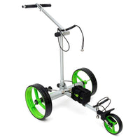 Green Eagle NEOS electric golf push cart in gray with green wheels