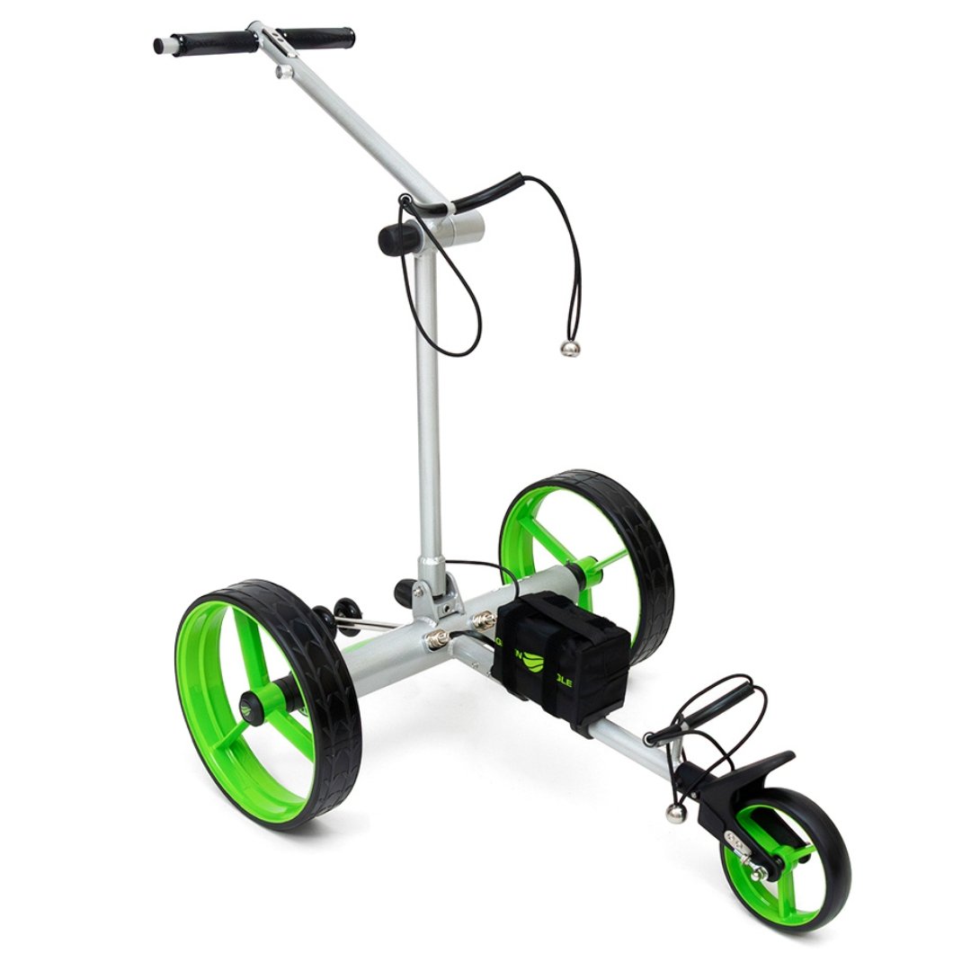 Green Eagle NEOS electric golf push cart in gray with green wheels