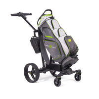 Green Eagle NOVA electric golf push cart loaded with a golf bag, front three-quarter view