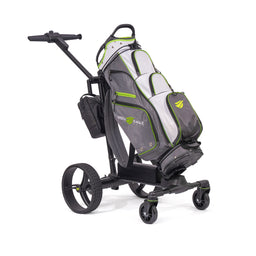 Green Eagle NOVA electric golf push cart loaded with a golf bag, front three-quarter view