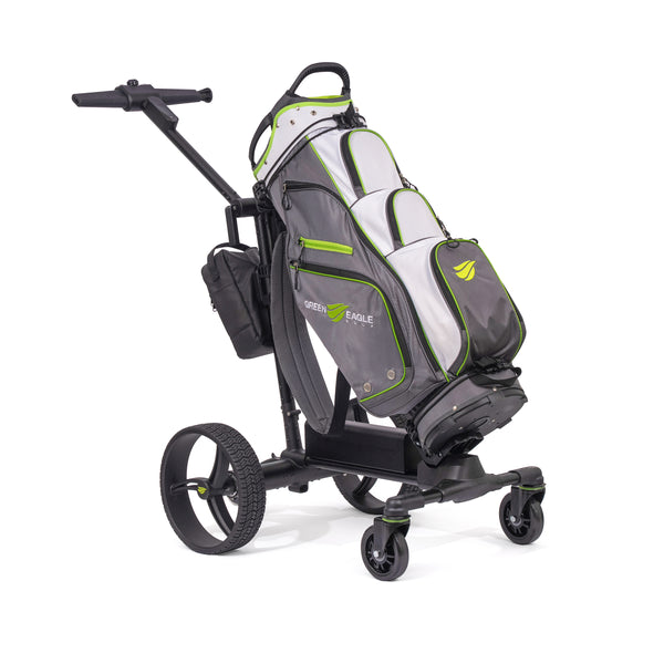 Green Eagle NOVA electric golf push cart loaded with a golf bag, front three-quarter view