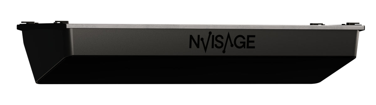 NVISAGE N1 overhead golf launch monitor, front angle view showing the brushed aluminium housing