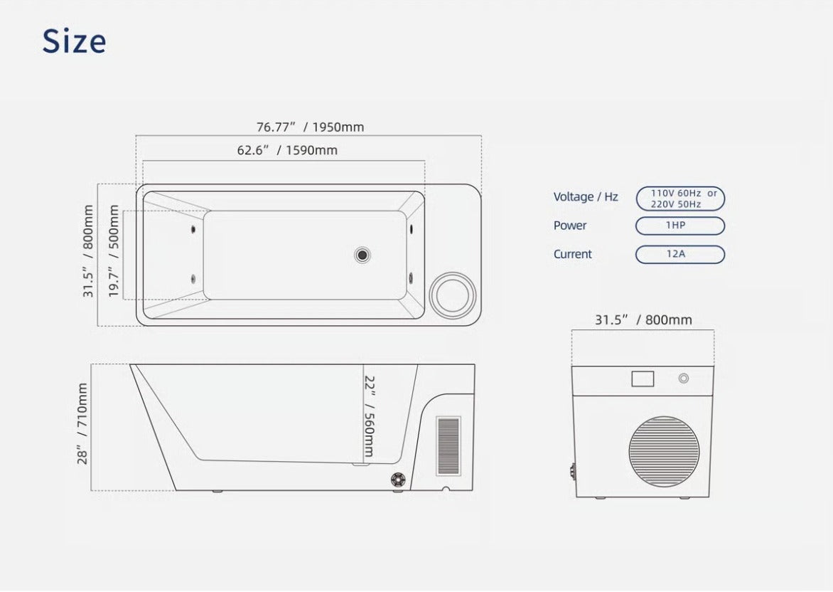 Scale drawing of the Orivon Frost cold plunge tub with measurements in inches and millimetres