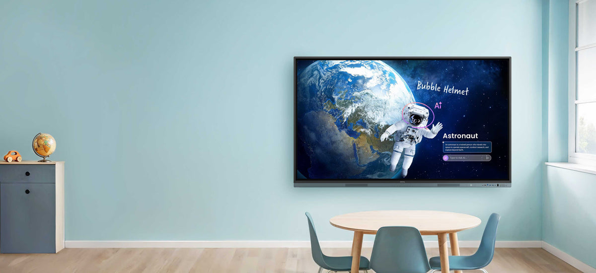 BenQ Board Master RM05 series in a shared learning room — manufacturer installation illustration