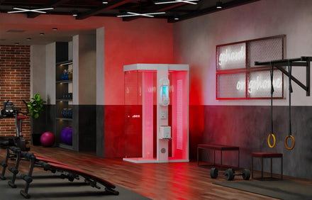 HaloRed O2 cabin with oxygen concentrator in a gym setting