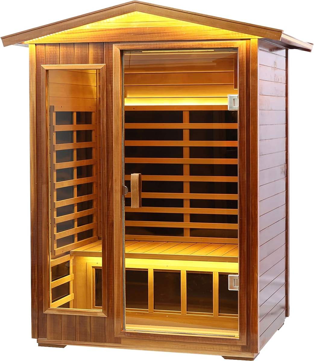 Eldvik two-person infrared sauna with door open