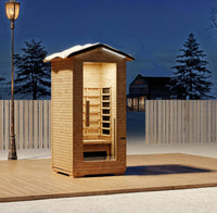 Fjordheim one-person wood infrared sauna in outdoor setting