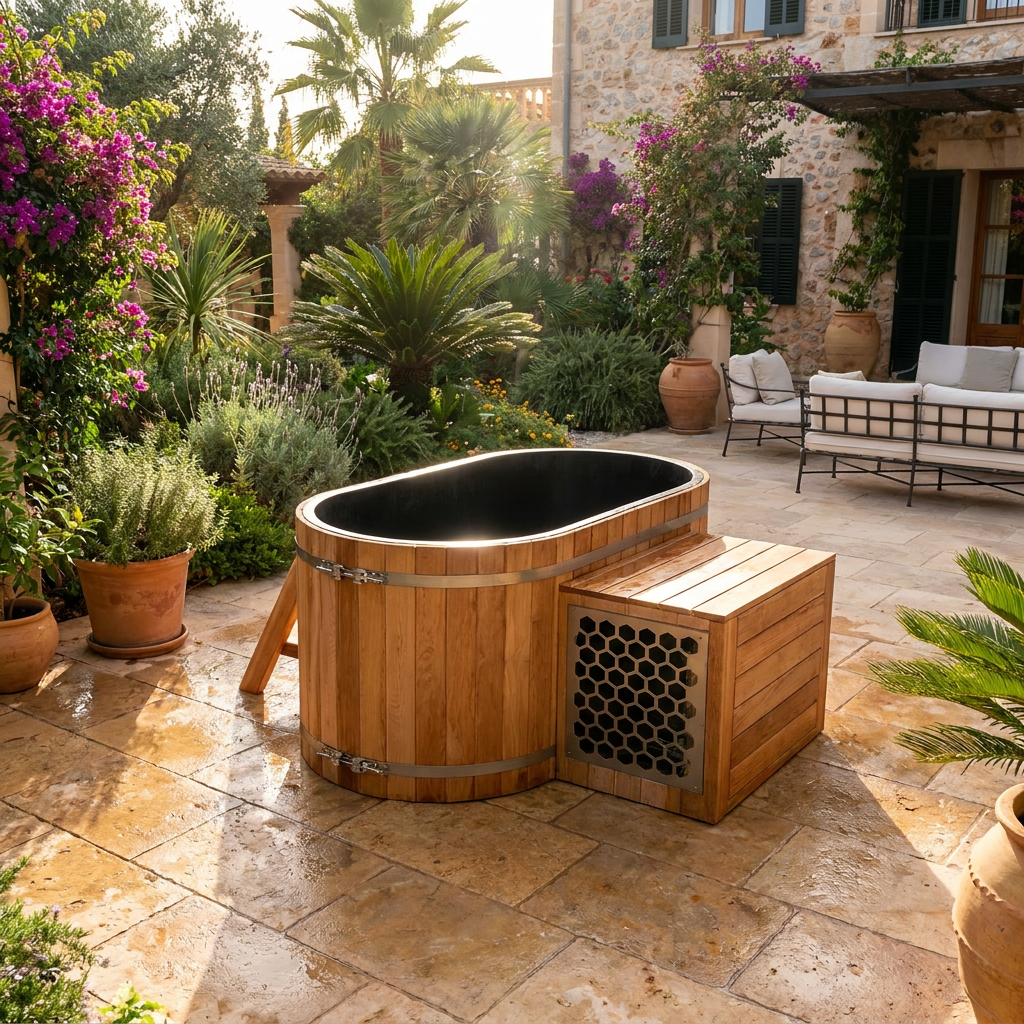 Svalvik cedar plunge and chiller on a garden patio
