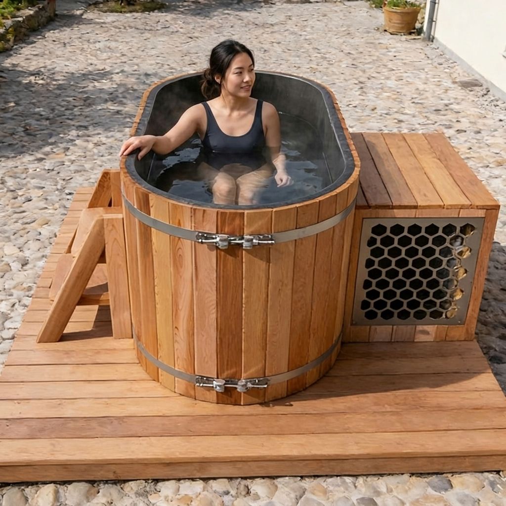 Svalvik cedar cold plunge with black liner and adjoining chiller