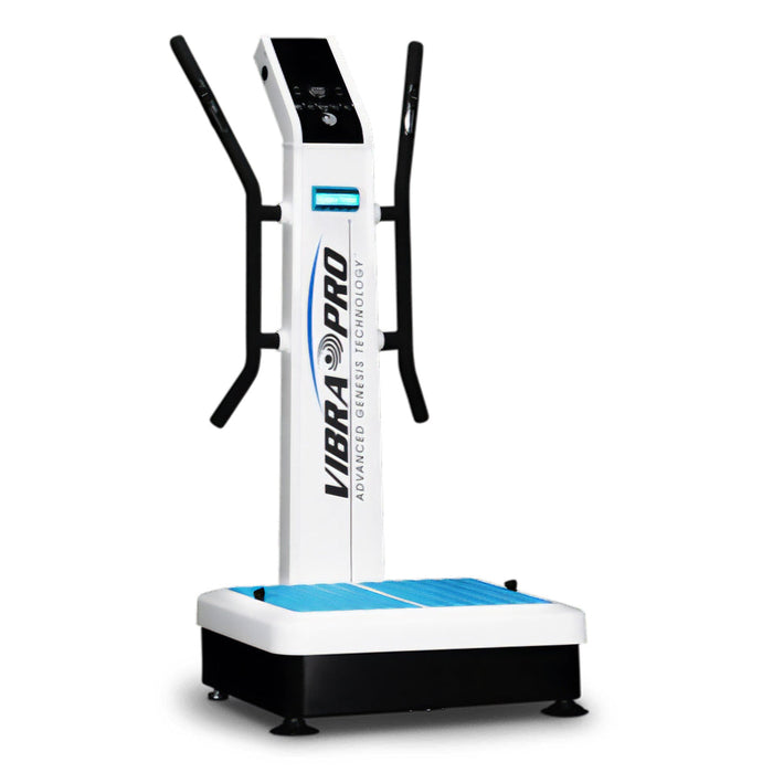 VibraPro Genesis Kinetic Sport X8 whole-body vibration machine angled full view, white frame and blue platform