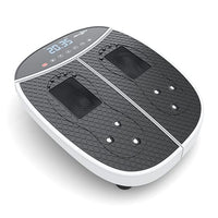 VibraPro Reflexology M1 raised perspective showing textured surface, foot-contact rollers and digital control panel