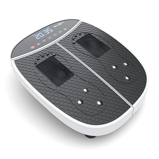 VibraPro Reflexology M1 raised perspective showing textured surface, foot-contact rollers and digital control panel