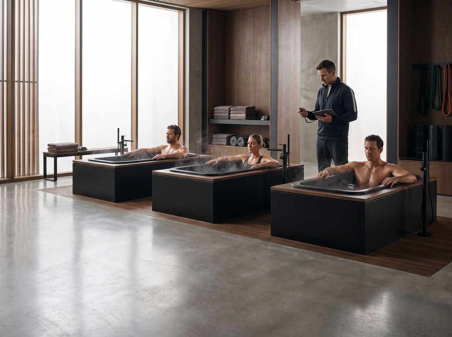 Athletes using individual cold plunges in a premium recovery facility with a coach timing the session